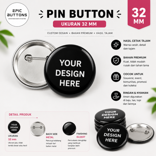 Custom Pin Button 32mm Bulat | Pin Logo Nama Foto Komunitas Sekolah Seminar Event Metal Back Glossy
